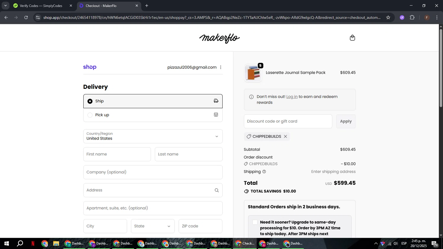 MakerFlo Crafts discount code screenshot showing code chippedbuilds applied at MakerFlo Crafts checkout page. Uploaded by SimplyCodes community member ExtraordinaryHunter3076 on Dec 20, 2025
