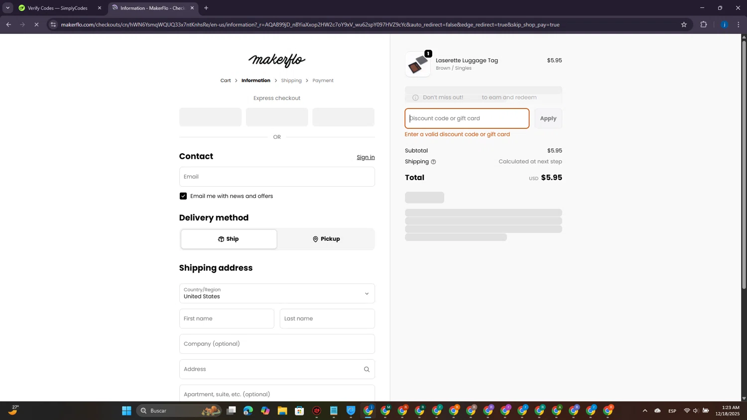 MakerFlo Crafts discount code screenshot showing code TRUFLAT20 applied at MakerFlo Crafts checkout page. Uploaded by SimplyCodes community member CrownElite7615 on Dec 18, 2025