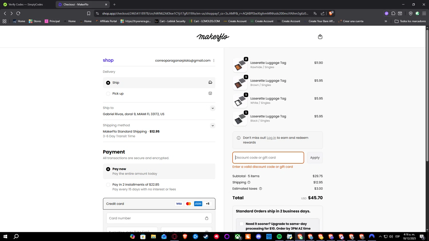 MakerFlo Crafts discount code screenshot showing code 10OFF5CASES applied at MakerFlo Crafts checkout page. Uploaded by SimplyCodes community member Nulo0000 on Dec 18, 2025