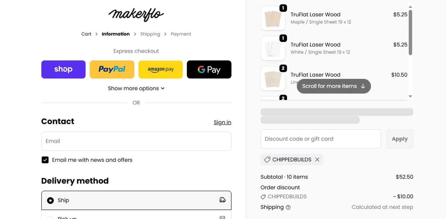 MakerFlo Crafts discount code screenshot showing code chippedbuilds applied at MakerFlo Crafts checkout page. Uploaded by SimplyCodes community member BudgetPro6018 on Dec 20, 2025