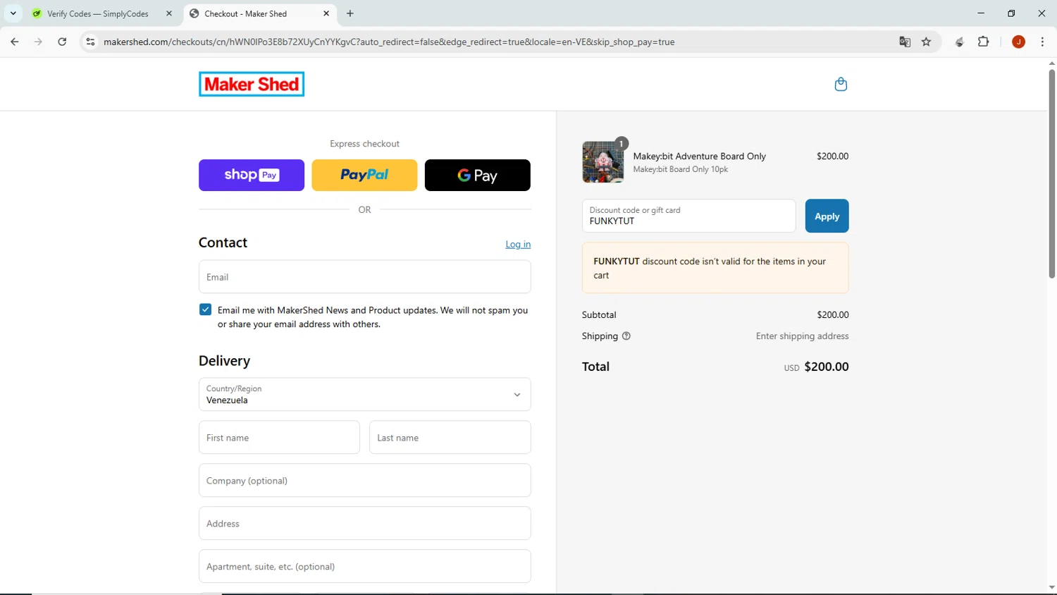 Maker Shed promo code screenshot showing code FUNKYTUT applied at Maker Shed checkout page. Uploaded by SimplyCodes community member NobleMaven802 on Jul 18, 2025