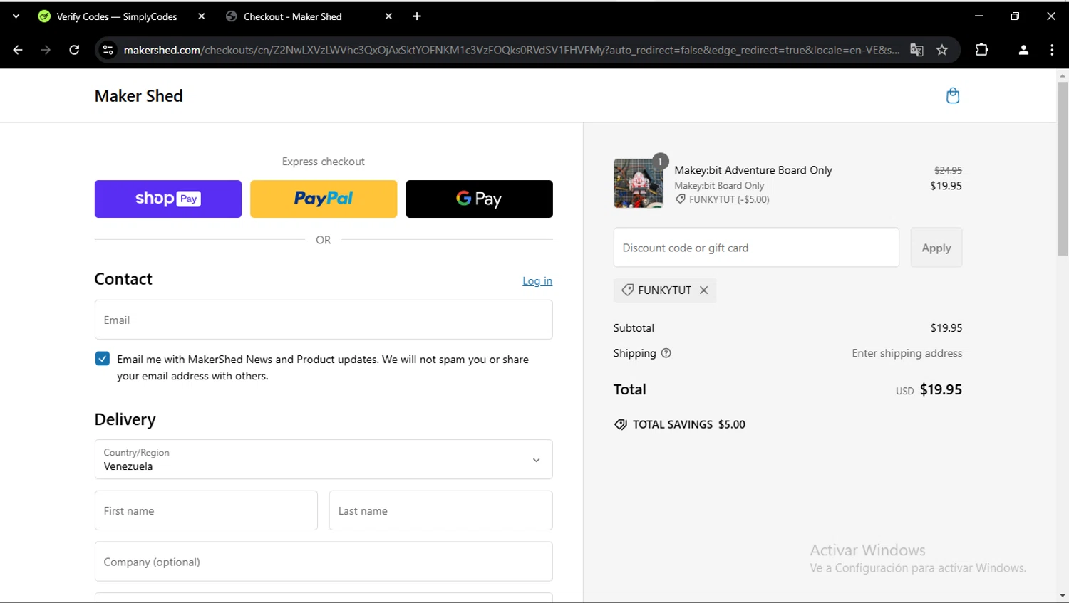 Maker Shed promo code screenshot showing code FUNKYTUT applied at Maker Shed checkout page. Uploaded by SimplyCodes community member cristianubon on Feb 12, 2025
