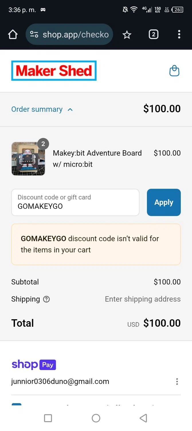 Maker Shed promo code screenshot showing code GOMAKEYGO applied at Maker Shed checkout page. Uploaded by SimplyCodes community member Junniorduno on Jul 13, 2025