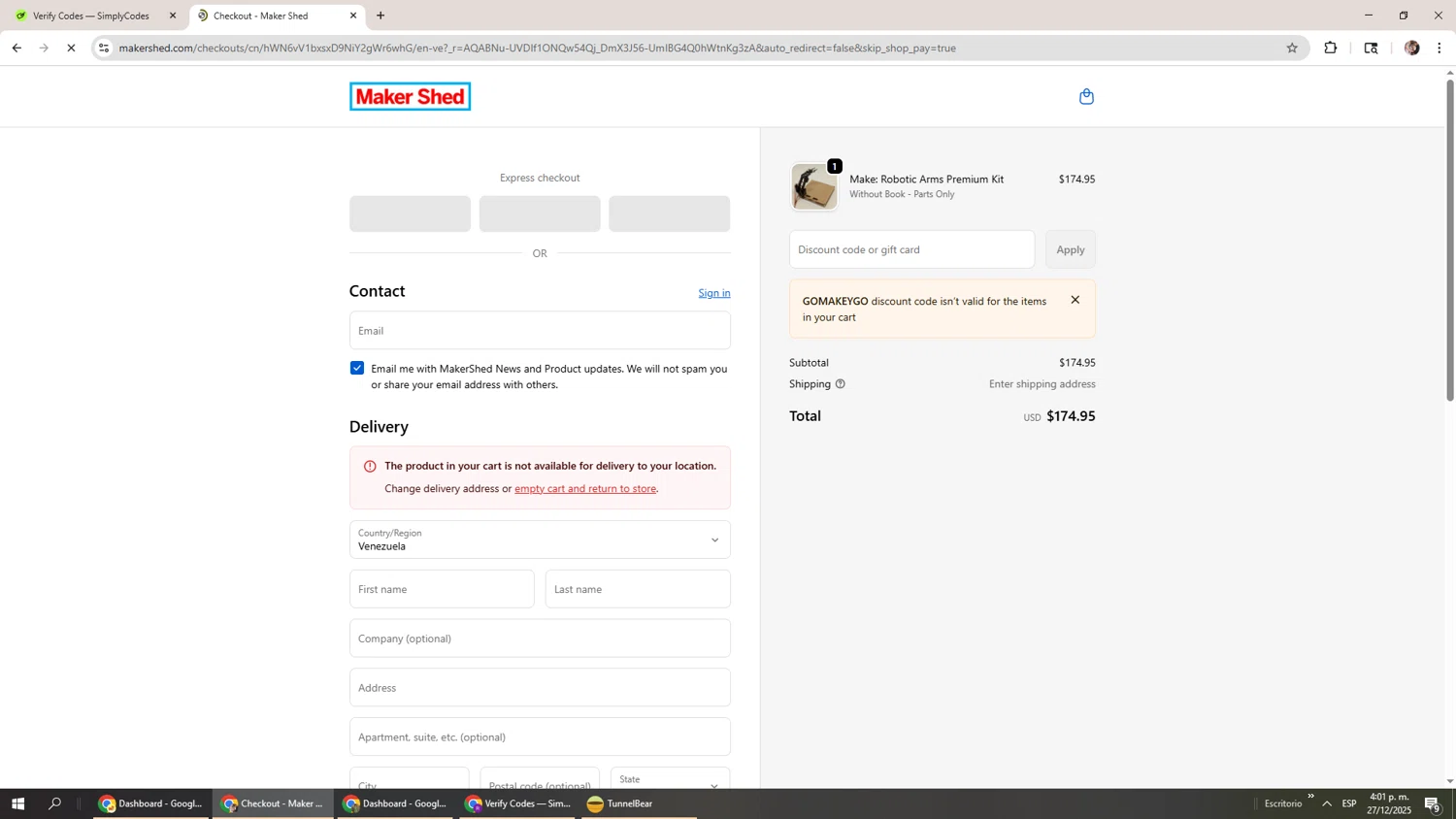 Maker Shed promo code screenshot showing code GOMAKEYGO applied at Maker Shed checkout page. Uploaded by SimplyCodes community member Levi_Ackerman on Dec 27, 2025