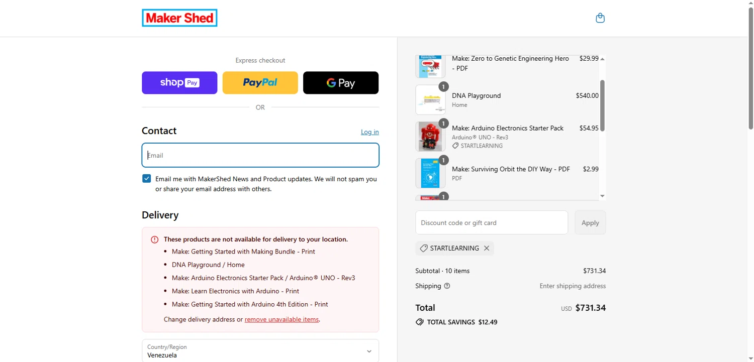 Maker Shed promo code screenshot showing code startlearning applied at Maker Shed checkout page. Uploaded by SimplyCodes community member Beatrizsilva31 on Aug 8, 2025