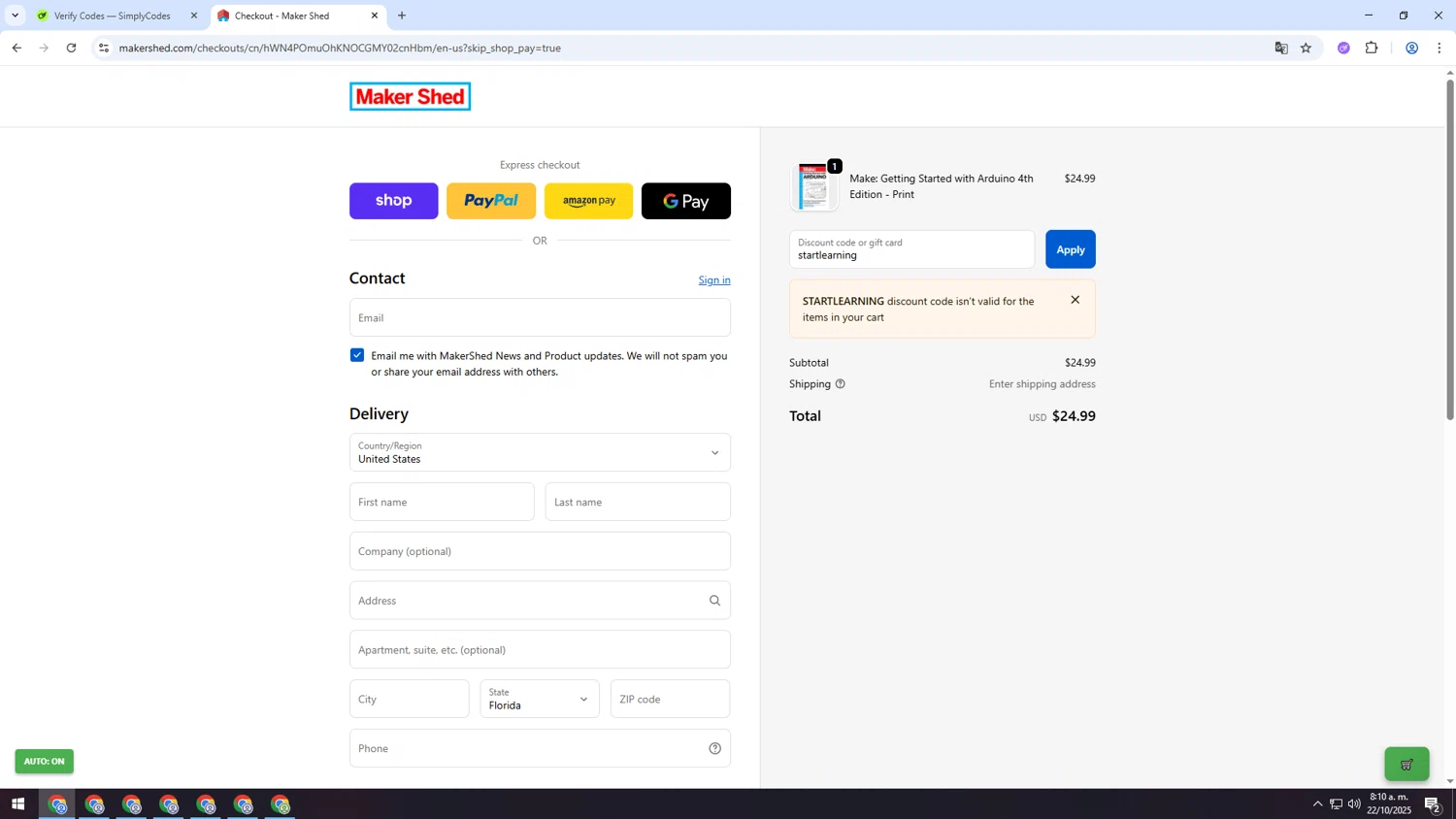 Maker Shed promo code screenshot showing code startlearning applied at Maker Shed checkout page. Uploaded by SimplyCodes community member INSECTOS on Oct 22, 2025