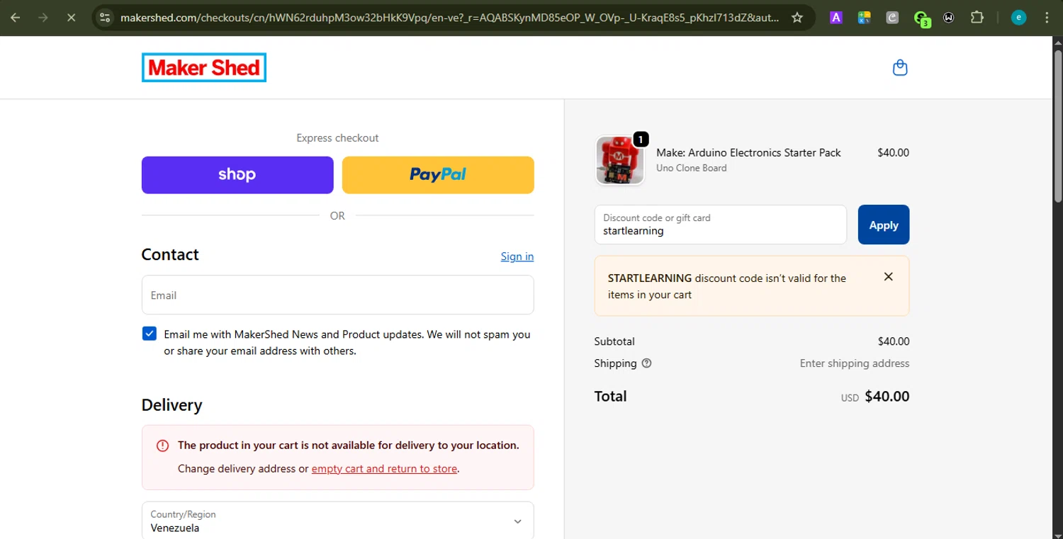 Maker Shed promo code screenshot showing code startlearning applied at Maker Shed checkout page. Uploaded by SimplyCodes community member LOVECOUPON on Dec 4, 2025