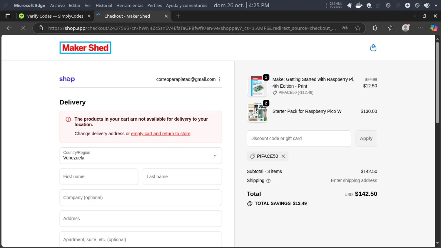 Maker Shed promo code screenshot showing code piface50 applied at Maker Shed checkout page. Uploaded by SimplyCodes community member DaniTsu on Oct 26, 2025
