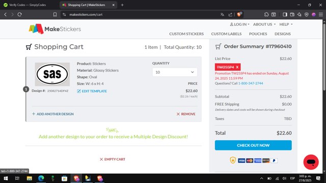 MakeStickers checkout page showing MakeStickers promo code box | Screenshot taken by SimplyCodes community member on Aug 27, 2025