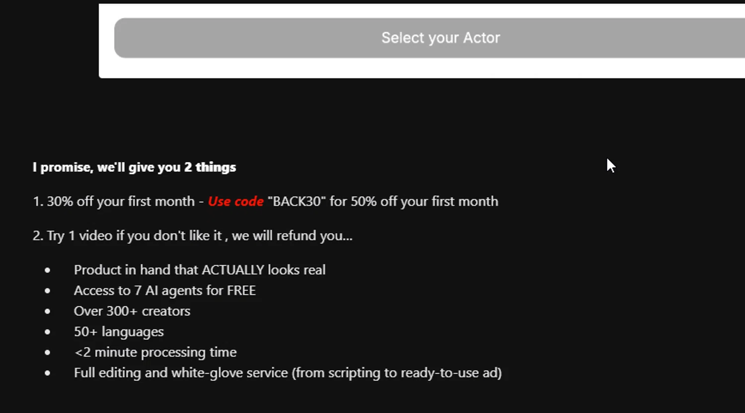 MakeUGC promo code screenshot showing code BACK30 applied at MakeUGC checkout page. Uploaded by SimplyCodes community member 111111 on Jul 16, 2025