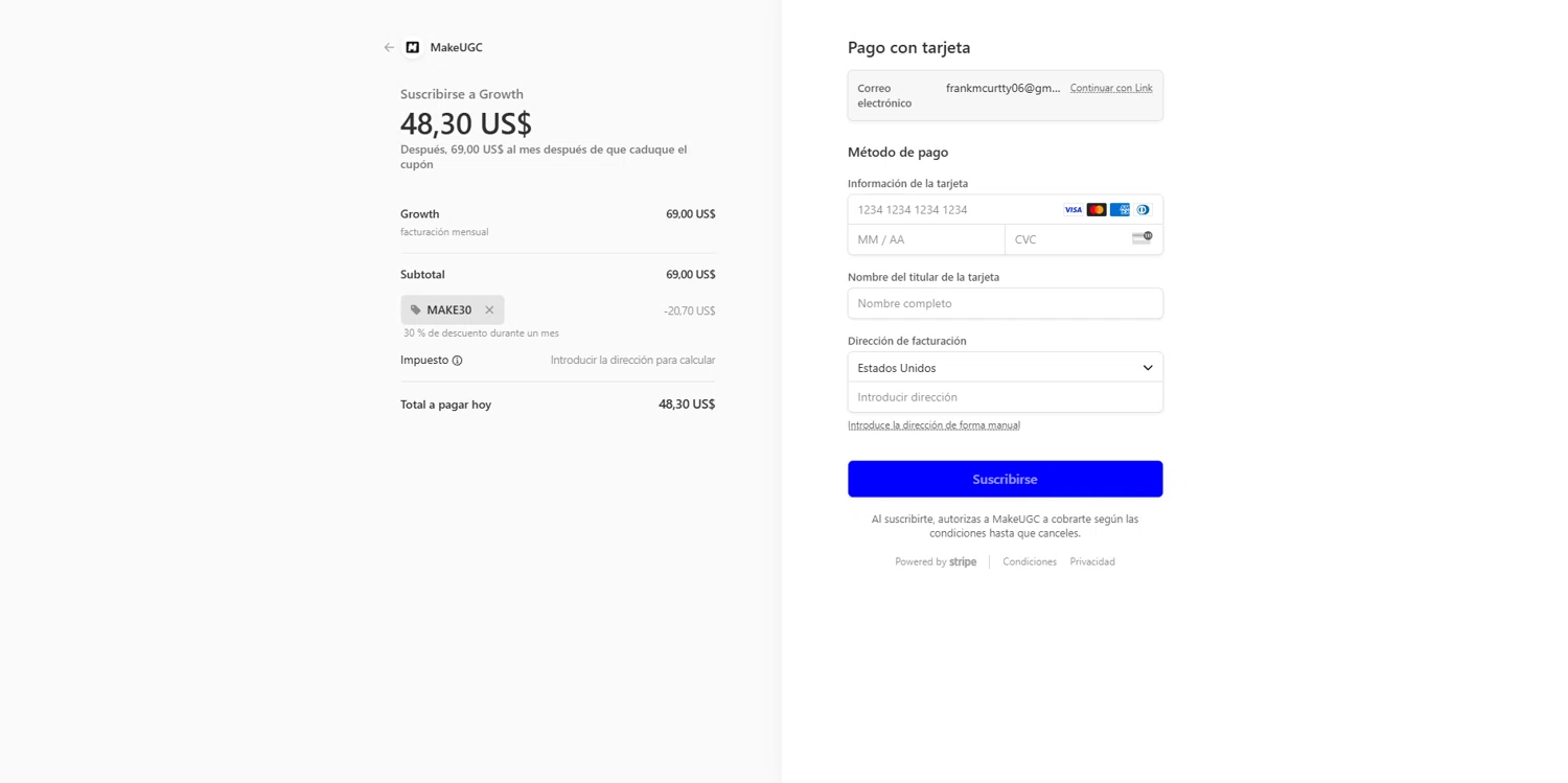 MakeUGC promo code screenshot showing code MAKE30 applied at MakeUGC checkout page. Uploaded by SimplyCodes community member BrilliantVoyager5752 on Aug 3, 2025