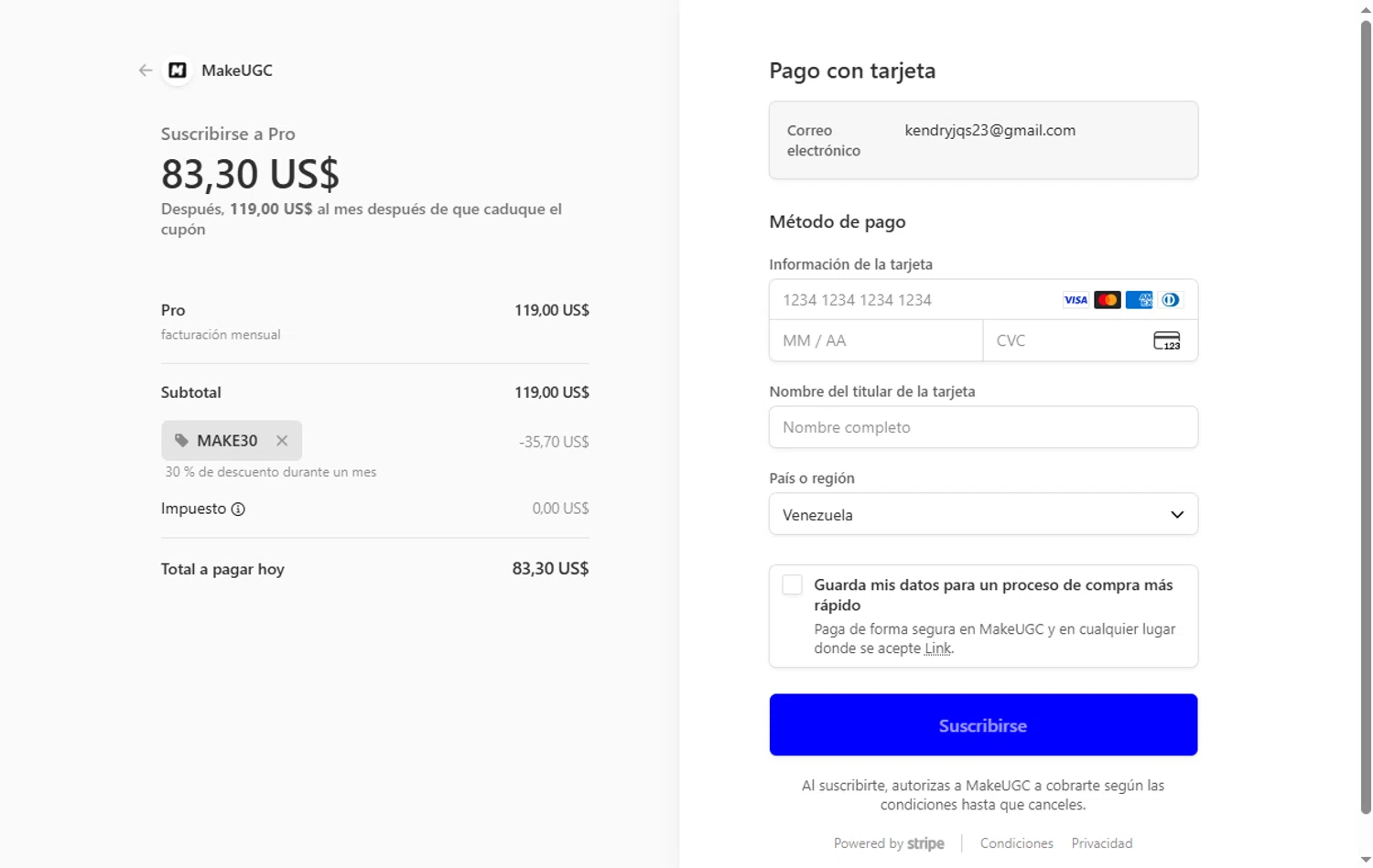 MakeUGC promo code screenshot showing code MAKE30 applied at MakeUGC checkout page. Uploaded by SimplyCodes community member RebateHawk9737 on Oct 14, 2025