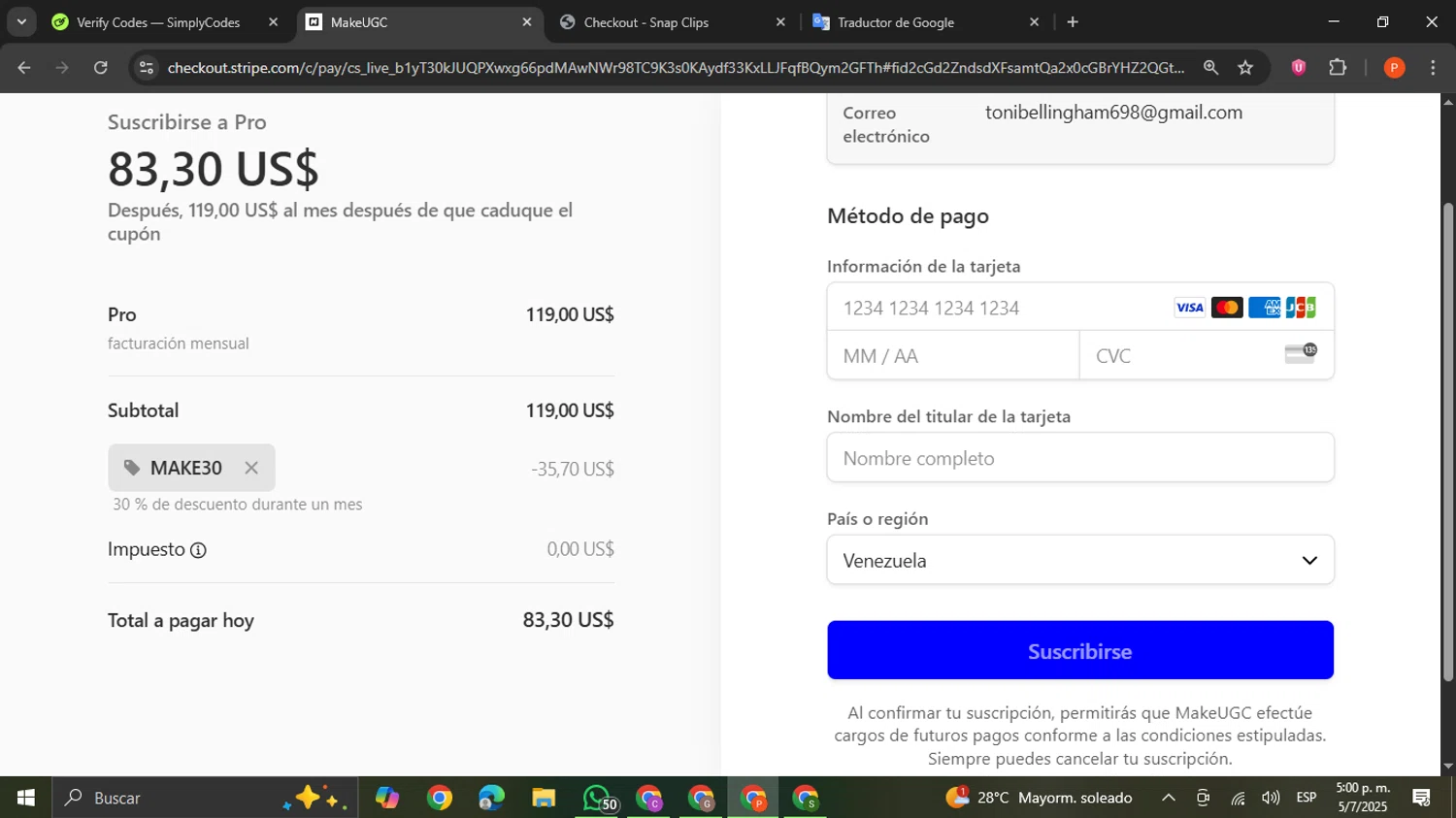 MakeUGC promo code screenshot showing code MAKE30 applied at MakeUGC checkout page. Uploaded by SimplyCodes community member VictoriousCaptain2658 on Jul 5, 2025