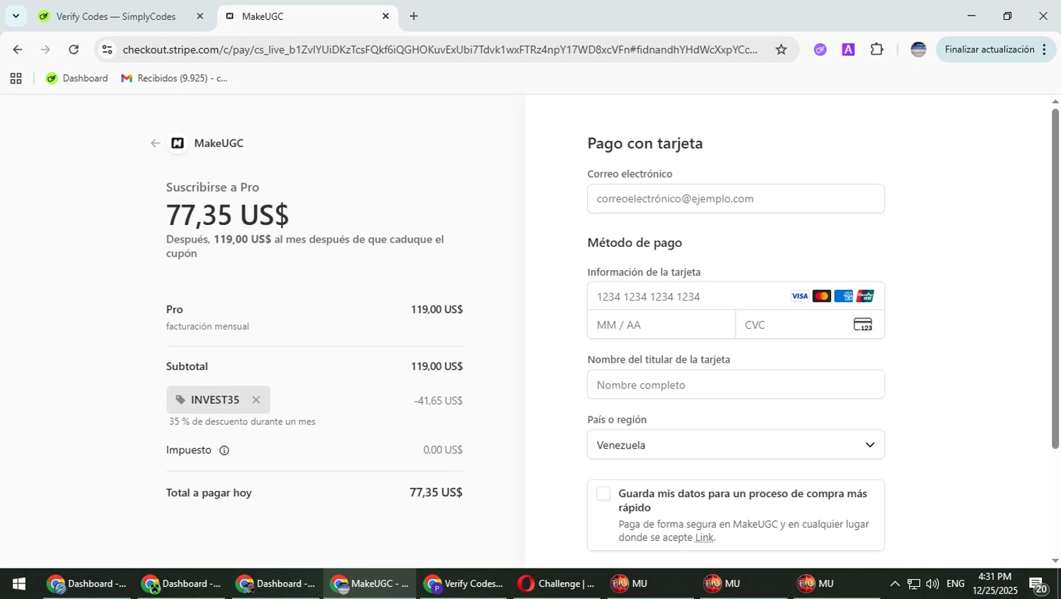 MakeUGC promo code screenshot showing code INVEST35 applied at MakeUGC checkout page. Uploaded by SimplyCodes community member Typhlosion on Dec 25, 2025
