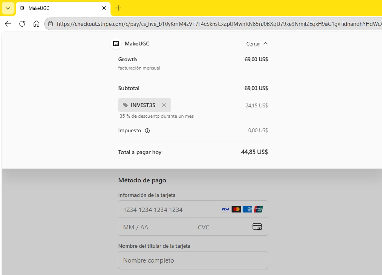 MakeUGC checkout page showing MakeUGC promo code box | Screenshot taken by SimplyCodes community member on Jan 23, 2026