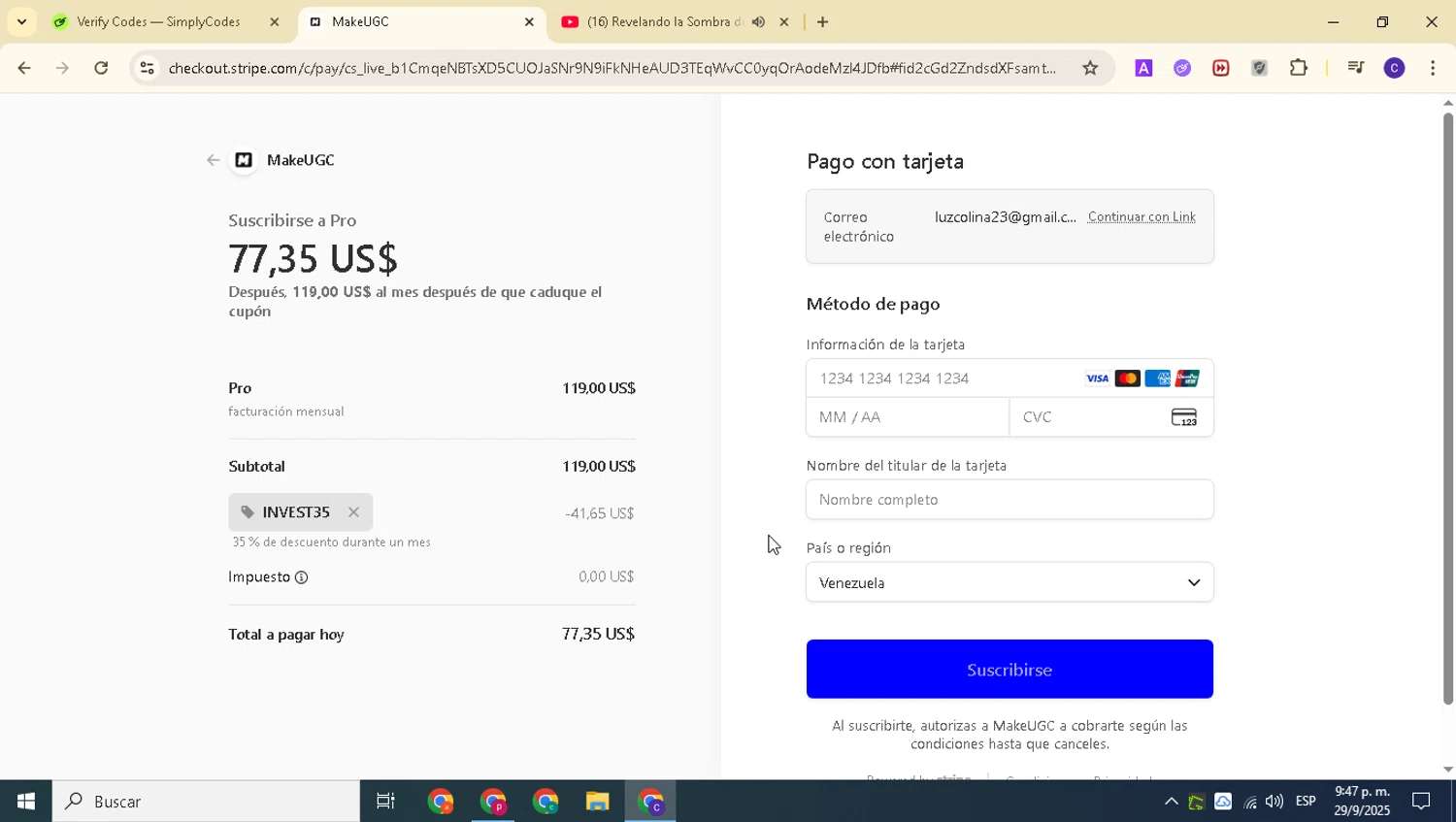 MakeUGC promo code screenshot showing code INVEST35 applied at MakeUGC checkout page. Uploaded by SimplyCodes community member alexanderarnold on Sep 30, 2025