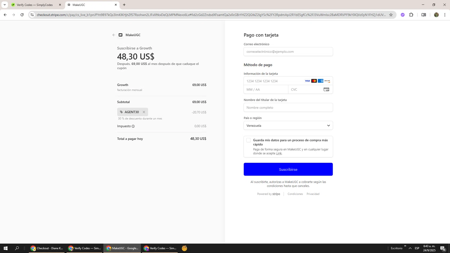 MakeUGC promo code screenshot showing code AGENT30 applied at MakeUGC checkout page. Uploaded by SimplyCodes community member Phoenix585 on Sep 24, 2025