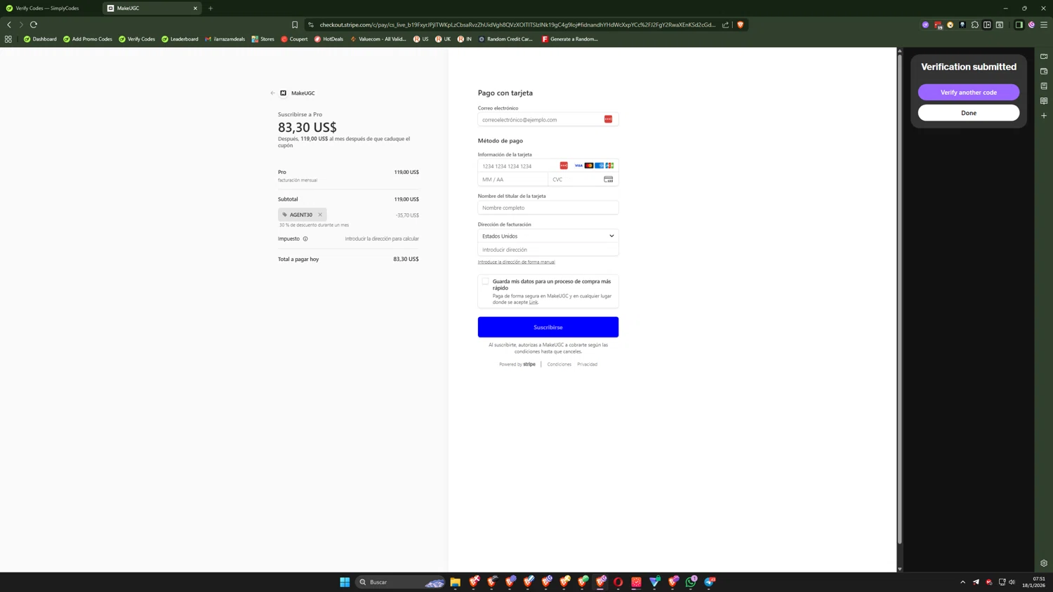 MakeUGC promo code screenshot showing code AGENT30 applied at MakeUGC checkout page. Uploaded by SimplyCodes community member CoreSeeker9184 on Jan 18, 2026
