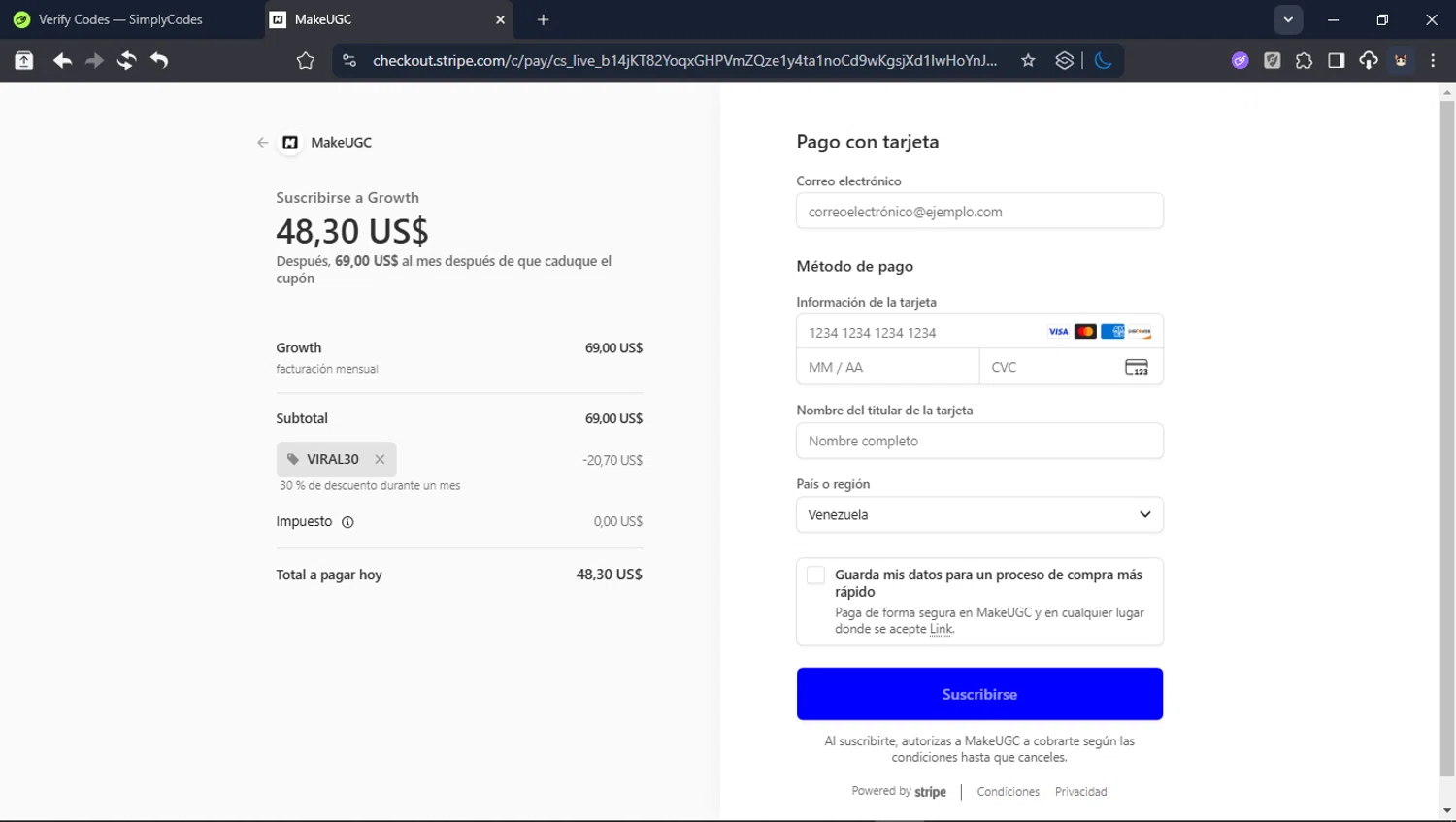 MakeUGC checkout page showing MakeUGC promo code box | Screenshot taken by SimplyCodes community member on Jan 25, 2026