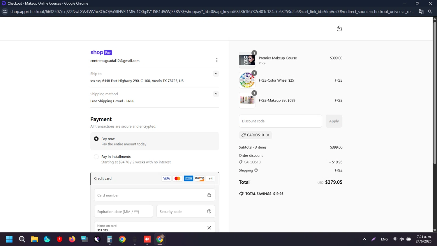 Vizio Makeup Academy discount code screenshot showing code CARLOS10 applied at Vizio Makeup Academy checkout page. Uploaded by SimplyCodes community member EpicTiger3556 on Jun 24, 2025
