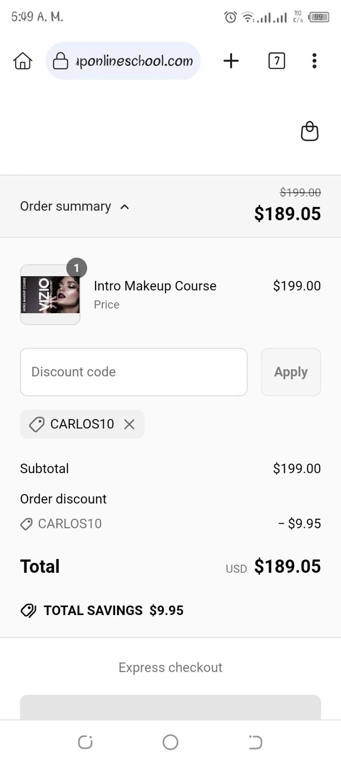Vizio Makeup Academy checkout page showing Vizio Makeup Academy discount code box | Screenshot taken by SimplyCodes community member on Jun 17, 2025