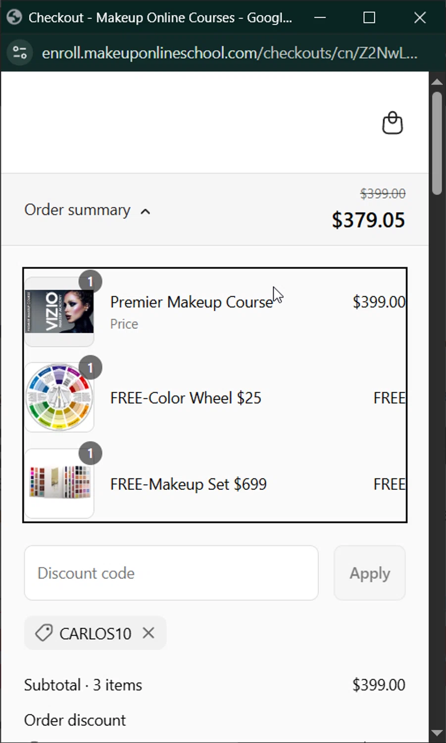 Vizio Makeup Academy checkout page showing Vizio Makeup Academy discount code box | Screenshot taken by SimplyCodes community member on May 6, 2025