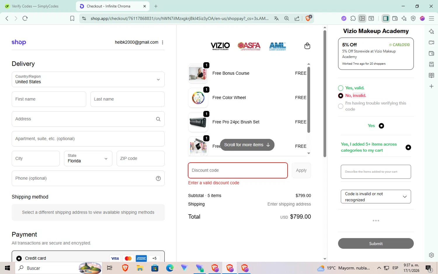 Vizio Makeup Academy discount code screenshot showing code CARLOS10 applied at Vizio Makeup Academy checkout page. Uploaded by SimplyCodes community member aaaaaaaaaaaaaaa on Jan 17, 2026