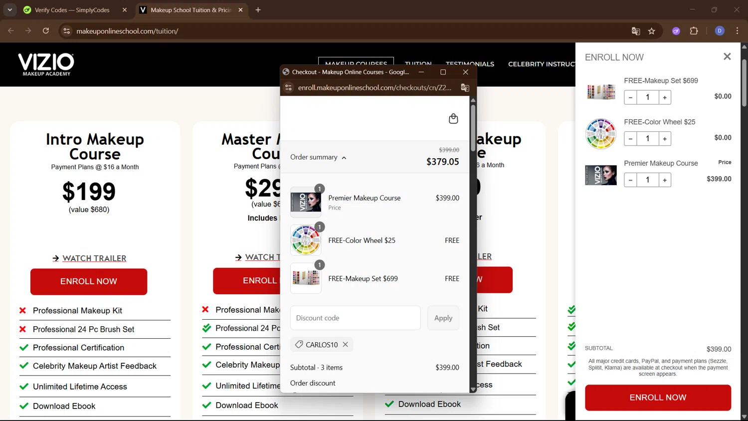 Vizio Makeup Academy checkout page showing Vizio Makeup Academy discount code box | Screenshot taken by SimplyCodes community member on May 6, 2025