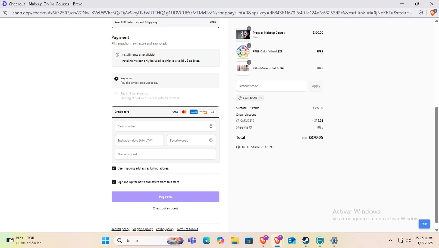 Vizio Makeup Academy discount code screenshot showing code CARLOS10 applied at Vizio Makeup Academy checkout page. Uploaded by SimplyCodes community member SapeGato on Jul 1, 2025