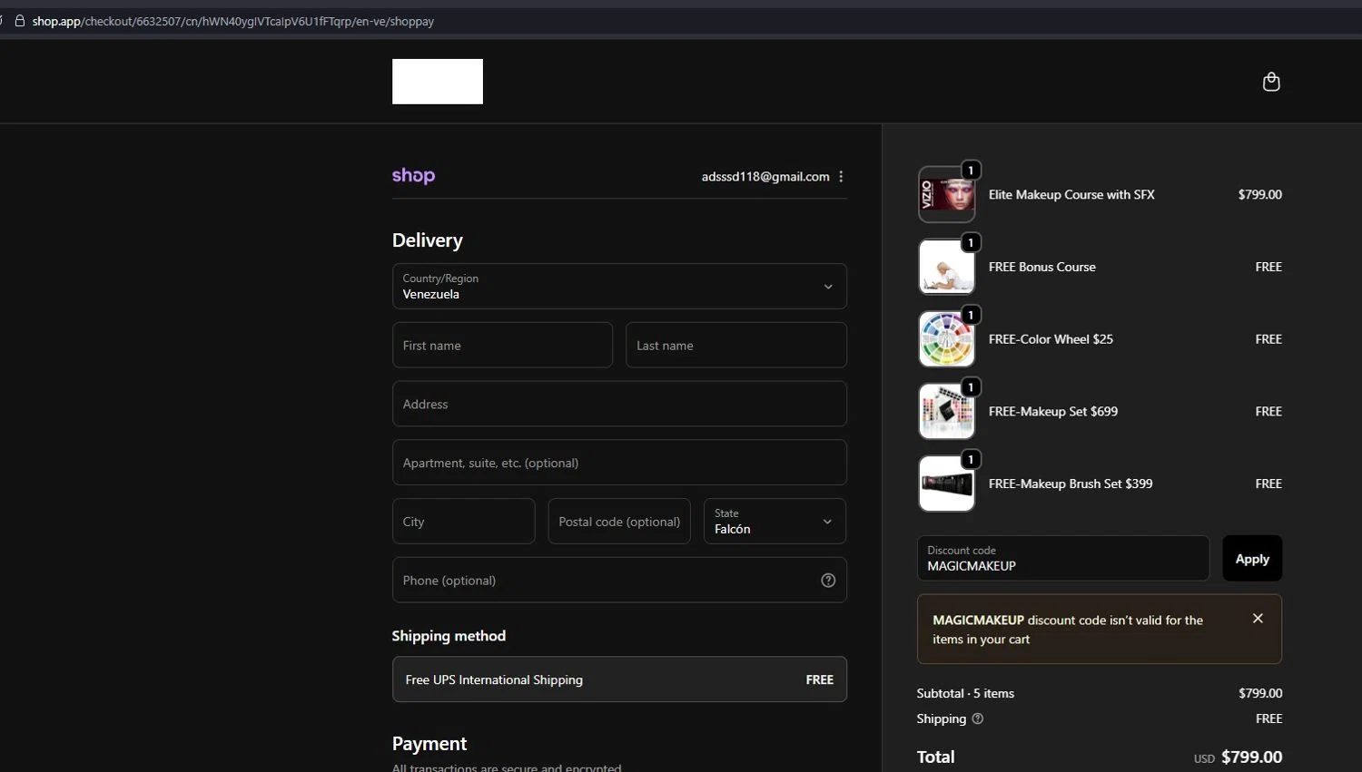Vizio Makeup Academy discount code screenshot showing code MAGICMAKEUP applied at Vizio Makeup Academy checkout page. Uploaded by SimplyCodes community member jakeperro on Oct 12, 2025