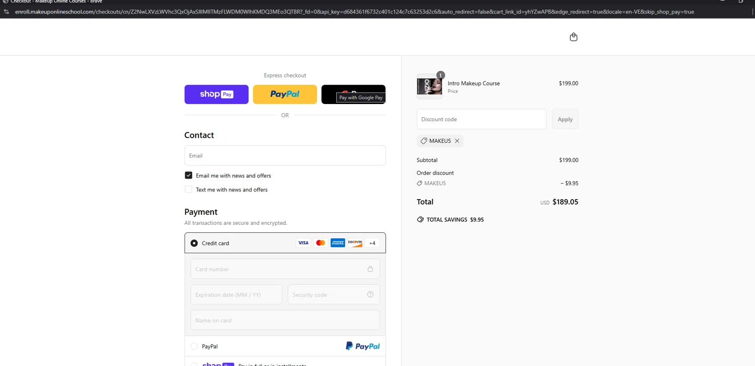 Vizio Makeup Academy discount code screenshot showing code MAKEU5 applied at Vizio Makeup Academy checkout page. Uploaded by SimplyCodes community member Jmhernand1 on Jun 24, 2025