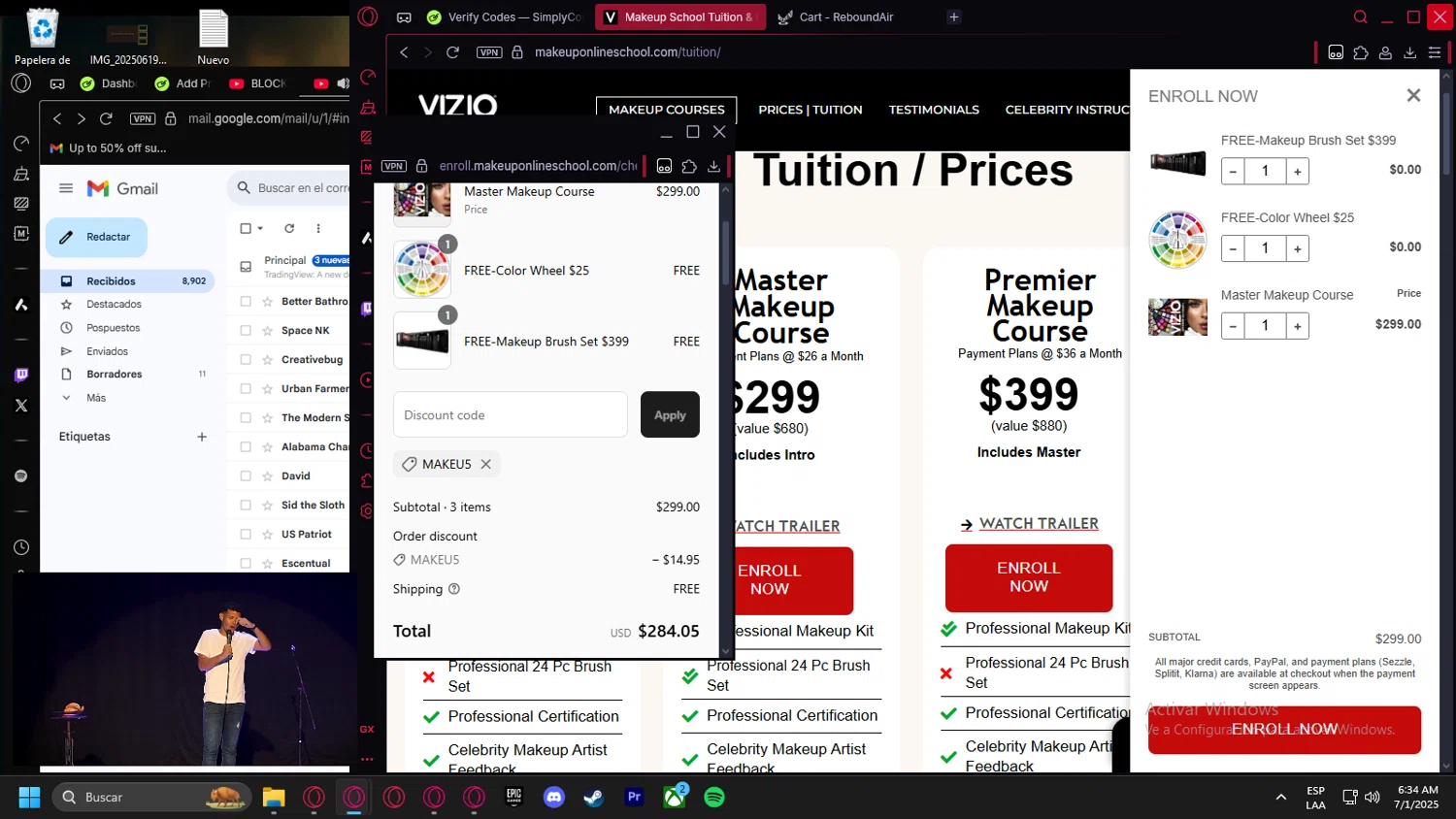 Vizio Makeup Academy discount code screenshot showing code MAKEU5 applied at Vizio Makeup Academy checkout page. Uploaded by SimplyCodes community member leonardocamacho2 on Jul 1, 2025