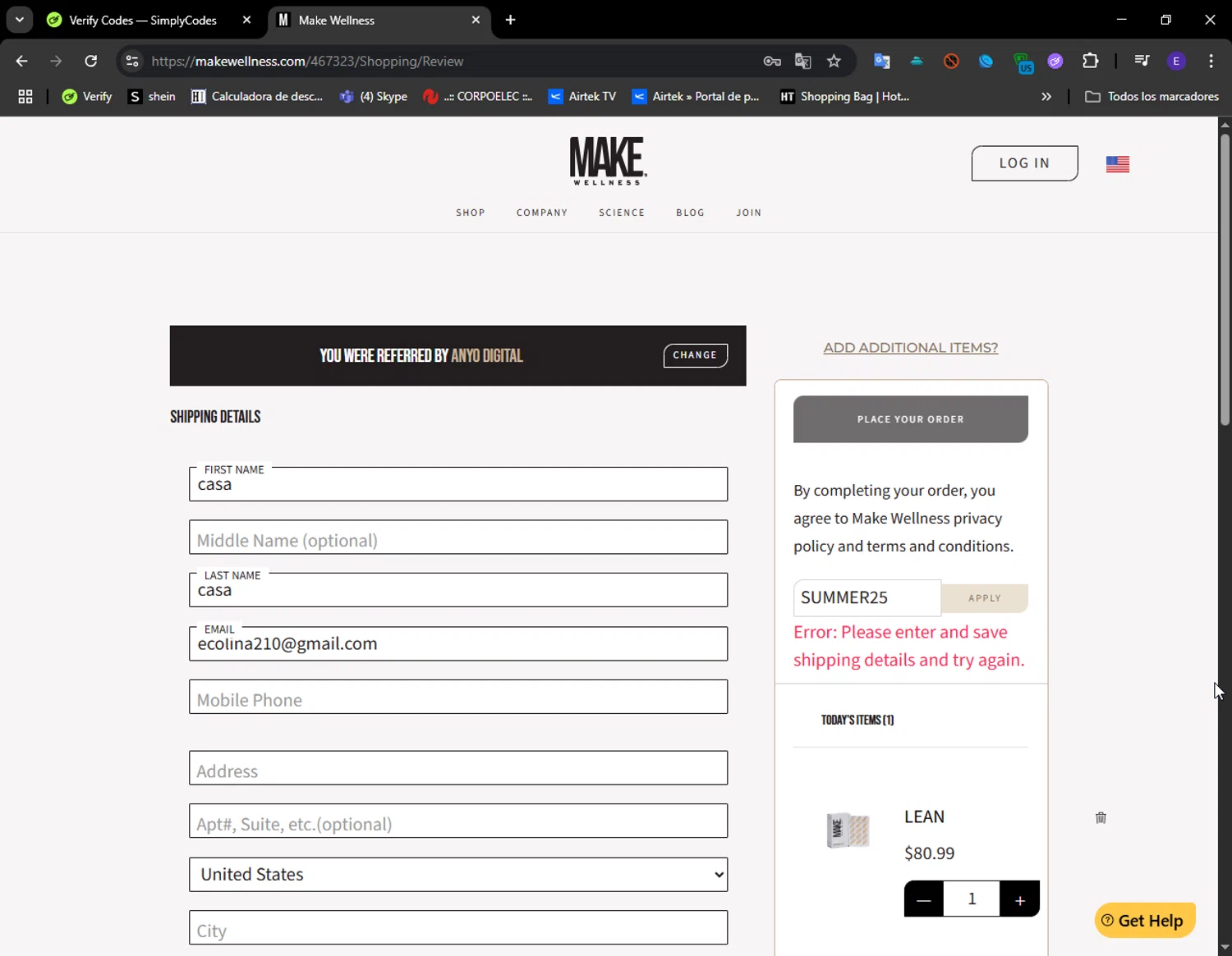 MAKE Wellness promo code screenshot showing code SUMMER25 applied at MAKE Wellness checkout page. Uploaded by SimplyCodes community member LuckyFinder274 on Jul 22, 2025