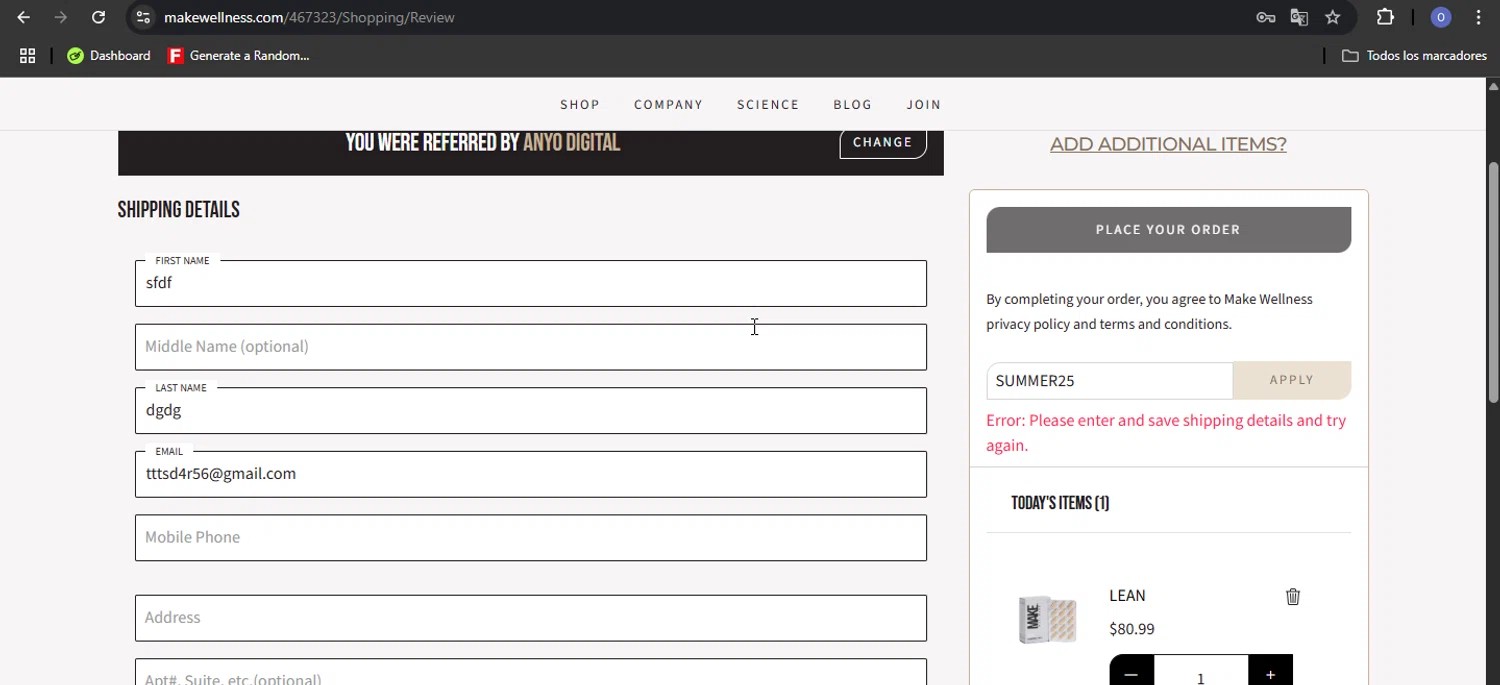 MAKE Wellness promo code screenshot showing code SUMMER25 applied at MAKE Wellness checkout page. Uploaded by SimplyCodes community member SaturoGojo on Jul 22, 2025