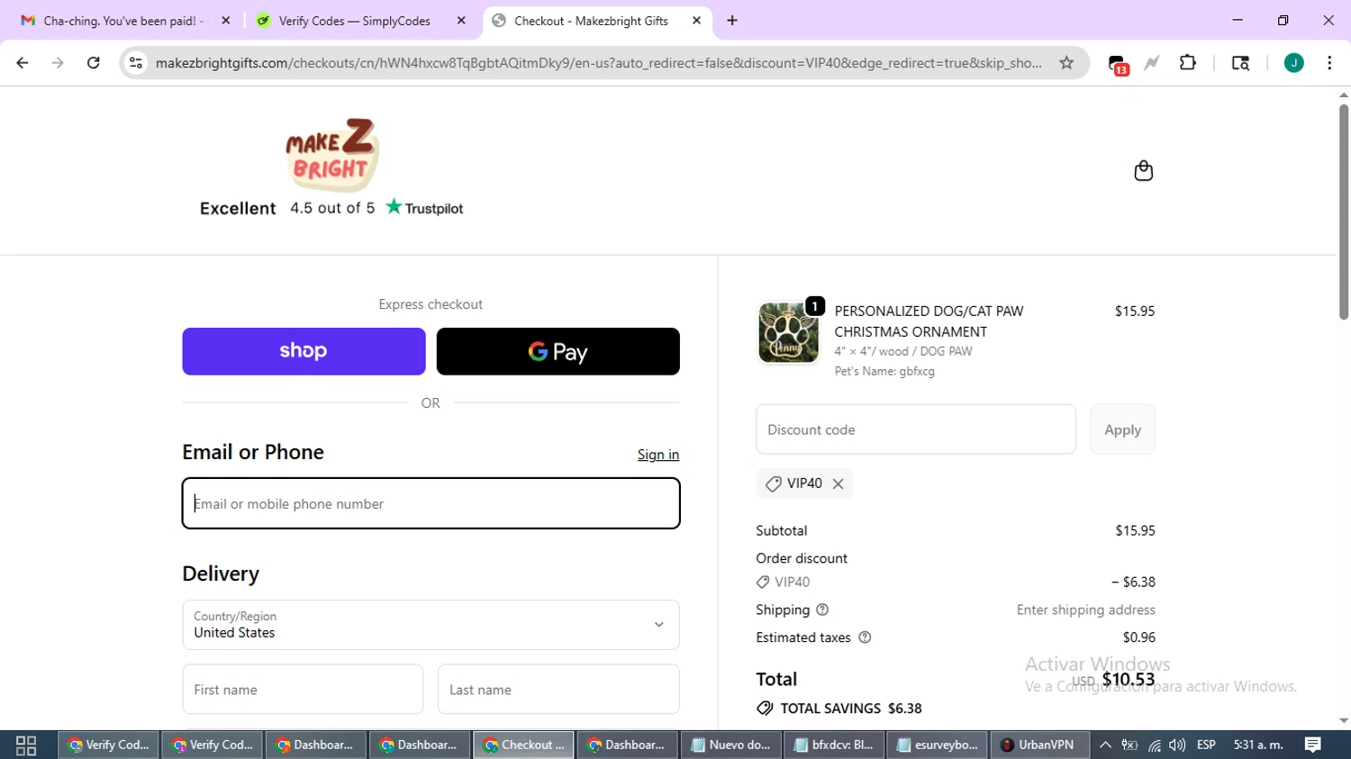 MakezBright discount code screenshot showing code VIP40 applied at MakezBright checkout page. Uploaded by SimplyCodes community member SavvyCurator1770 on Oct 30, 2025