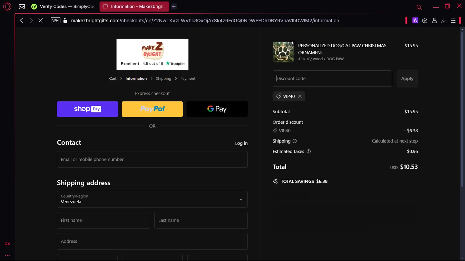 MakezBright discount code screenshot showing code VIP40 applied at MakezBright checkout page. Uploaded by SimplyCodes community member Elsuanfonson on Feb 27, 2025
