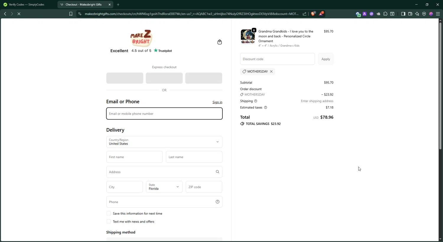 MakezBright discount code screenshot showing code MOTHERSDAY applied at MakezBright checkout page. Uploaded by SimplyCodes community member BonusShopper4099 on Dec 26, 2025