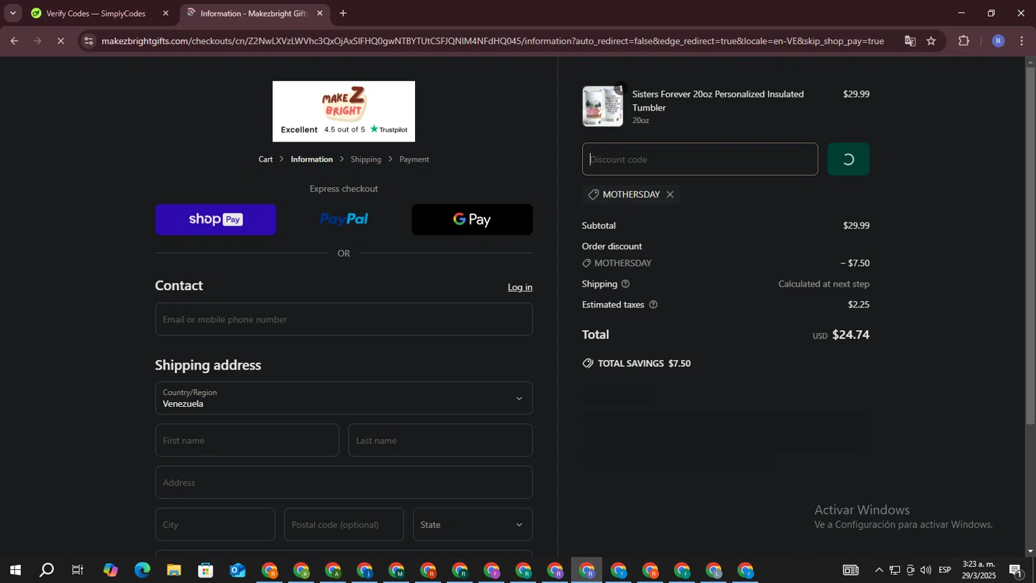MakezBright discount code screenshot showing code MOTHERSDAY applied at MakezBright checkout page. Uploaded by SimplyCodes community member ExtraordinarySaver3260 on Mar 29, 2025