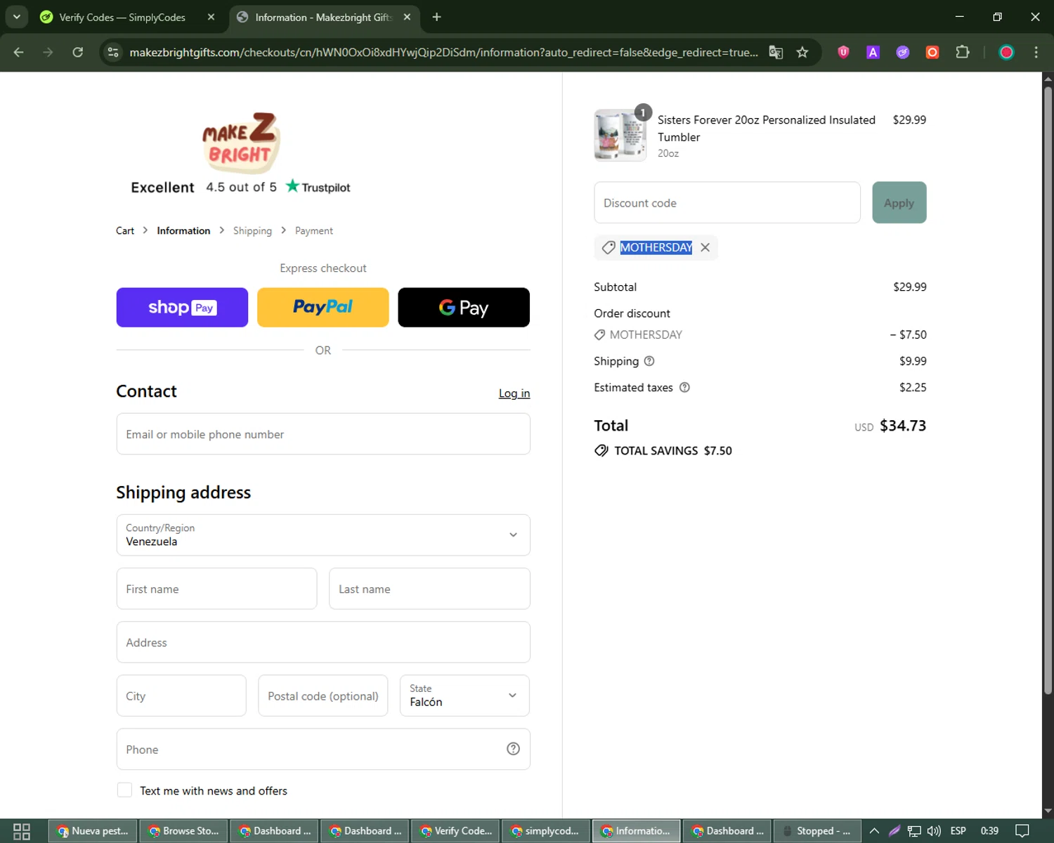 MakezBright discount code screenshot showing code MOTHERSDAY applied at MakezBright checkout page. Uploaded by SimplyCodes community member james_smith on Jul 8, 2025