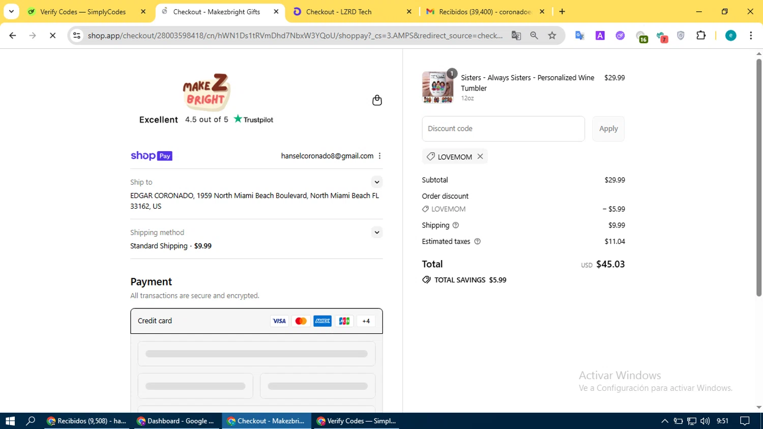 MakezBright discount code screenshot showing code LOVEMOM applied at MakezBright checkout page. Uploaded by SimplyCodes community member BonusVoyager4214 on Jul 30, 2025