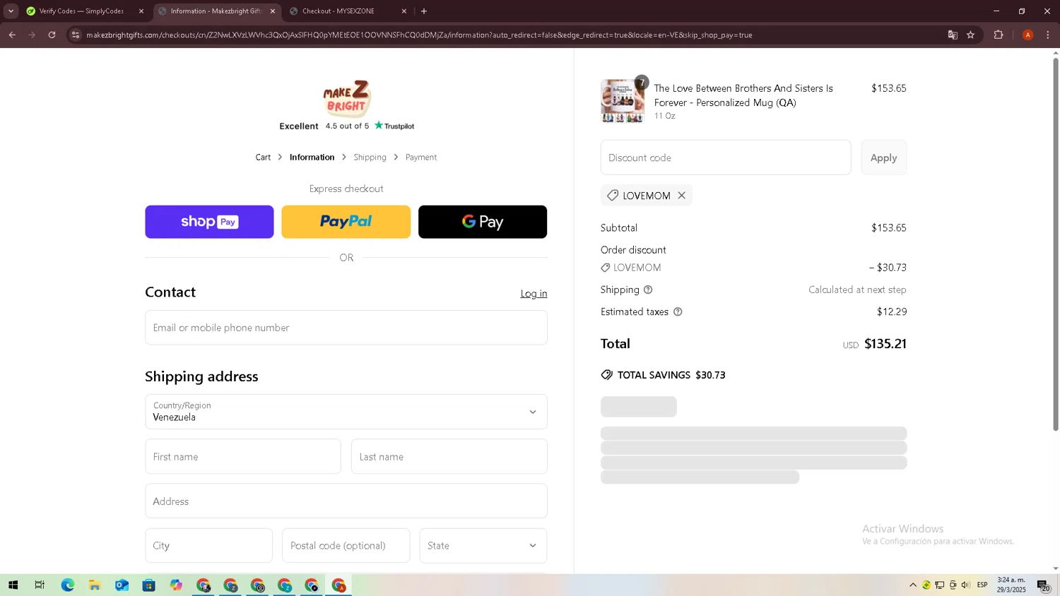 MakezBright discount code screenshot showing code LOVEMOM applied at MakezBright checkout page. Uploaded by SimplyCodes community member zxxx27 on Mar 29, 2025