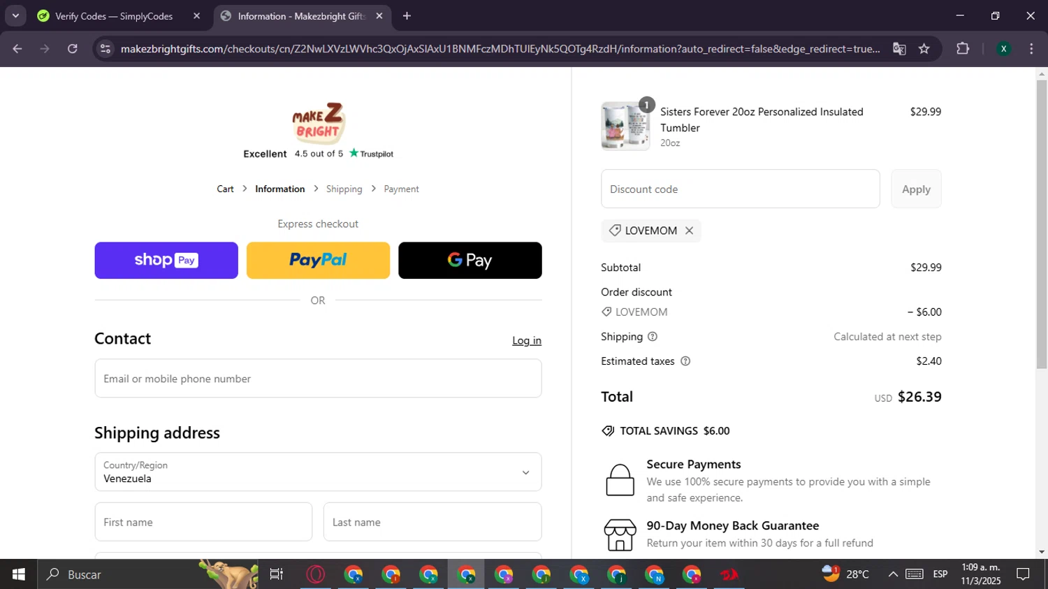 MakezBright discount code screenshot showing code LOVEMOM applied at MakezBright checkout page. Uploaded by SimplyCodes community member CouponBoss6932 on Mar 11, 2025