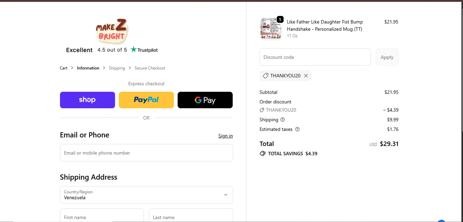 MakezBright discount code screenshot showing code THANKYOU20 applied at MakezBright checkout page. Uploaded by SimplyCodes community member juanisaac on Oct 10, 2025