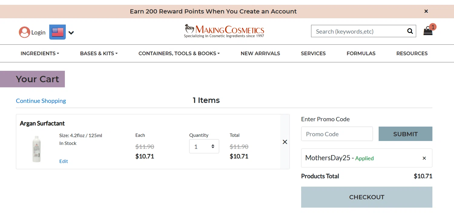 MakingCosmetics checkout page showing MakingCosmetics promo code box | Screenshot taken by SimplyCodes community member on May 11, 2025