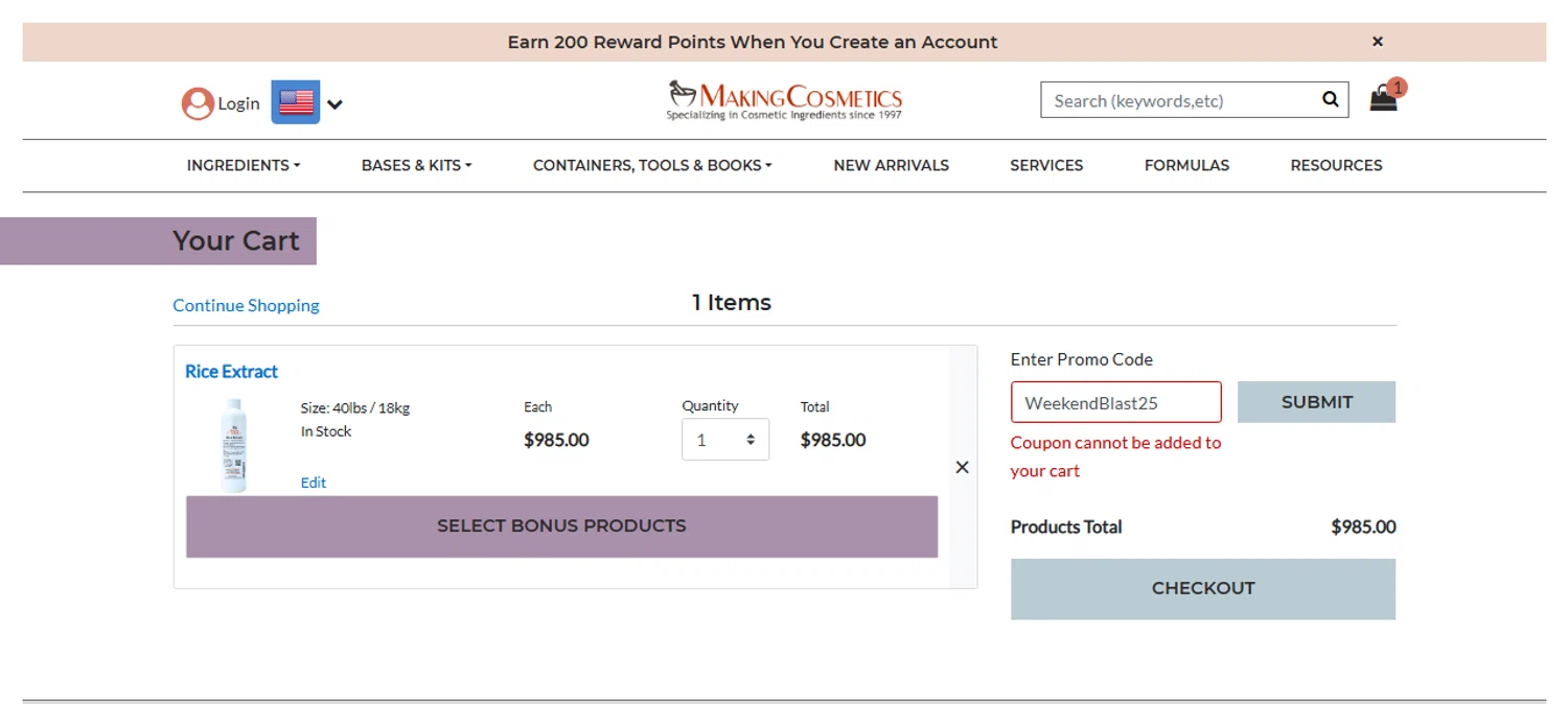 MakingCosmetics promo code screenshot showing code WeekendBlast25 applied at MakingCosmetics checkout page. Uploaded by SimplyCodes community member Chrisyks on Dec 11, 2025