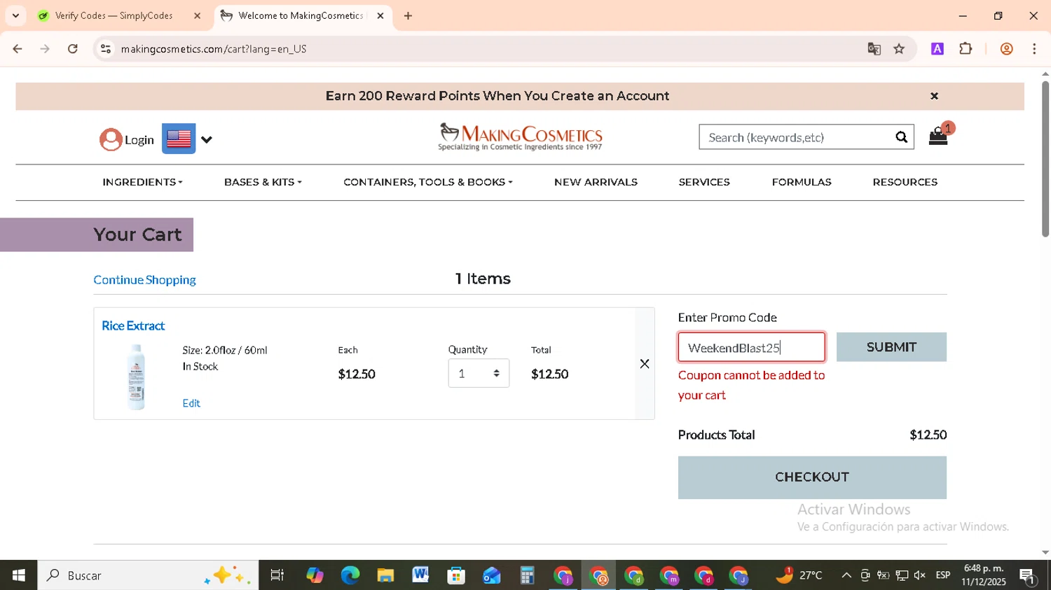 MakingCosmetics promo code screenshot showing code WeekendBlast25 applied at MakingCosmetics checkout page. Uploaded by SimplyCodes community member RebateCollector5909 on Dec 11, 2025