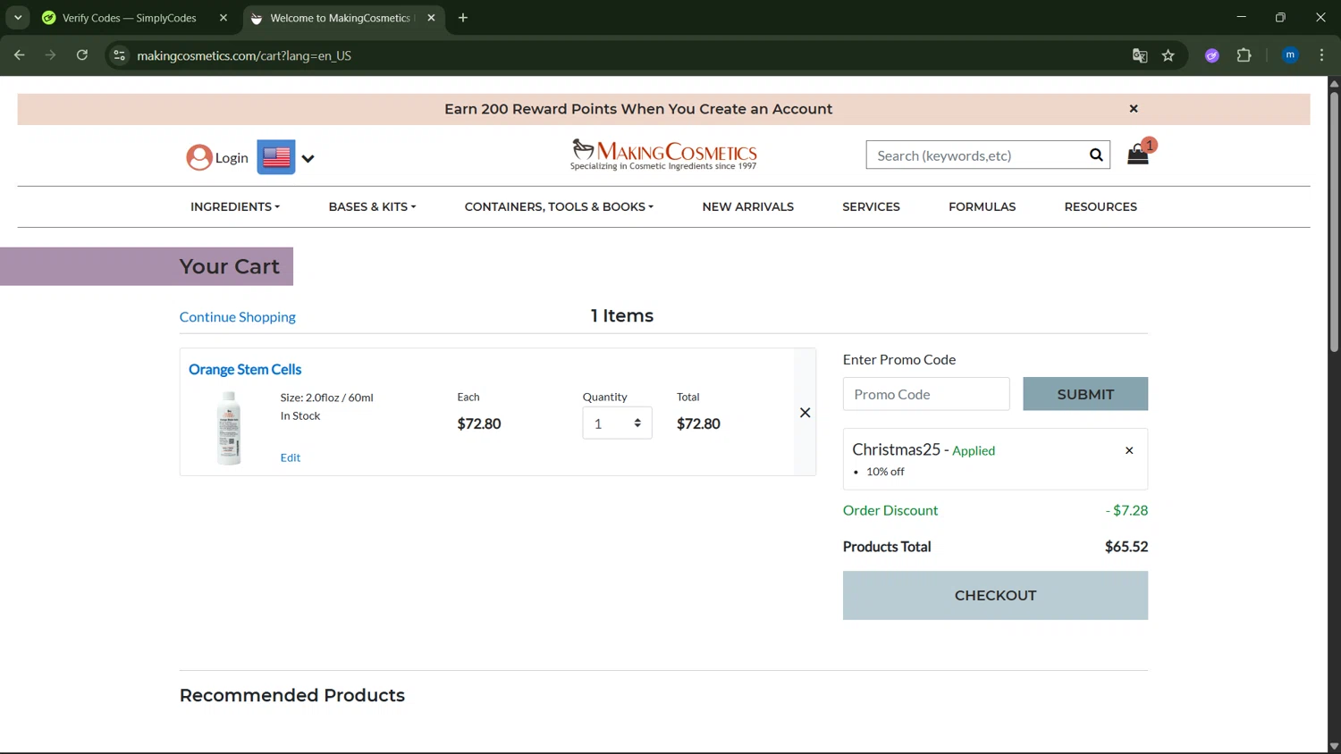 MakingCosmetics promo code screenshot showing code CHRISTMAS25 applied at MakingCosmetics checkout page. Uploaded by SimplyCodes community member GloriousSpotter8024 on Dec 24, 2025