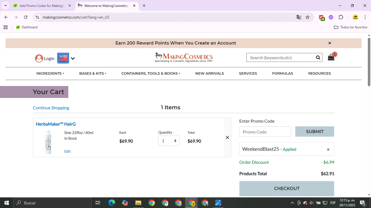 MakingCosmetics promo code screenshot showing code WeekendBlast25 applied at MakingCosmetics checkout page. Uploaded by SimplyCodes community member OldManEmu on Nov 29, 2025
