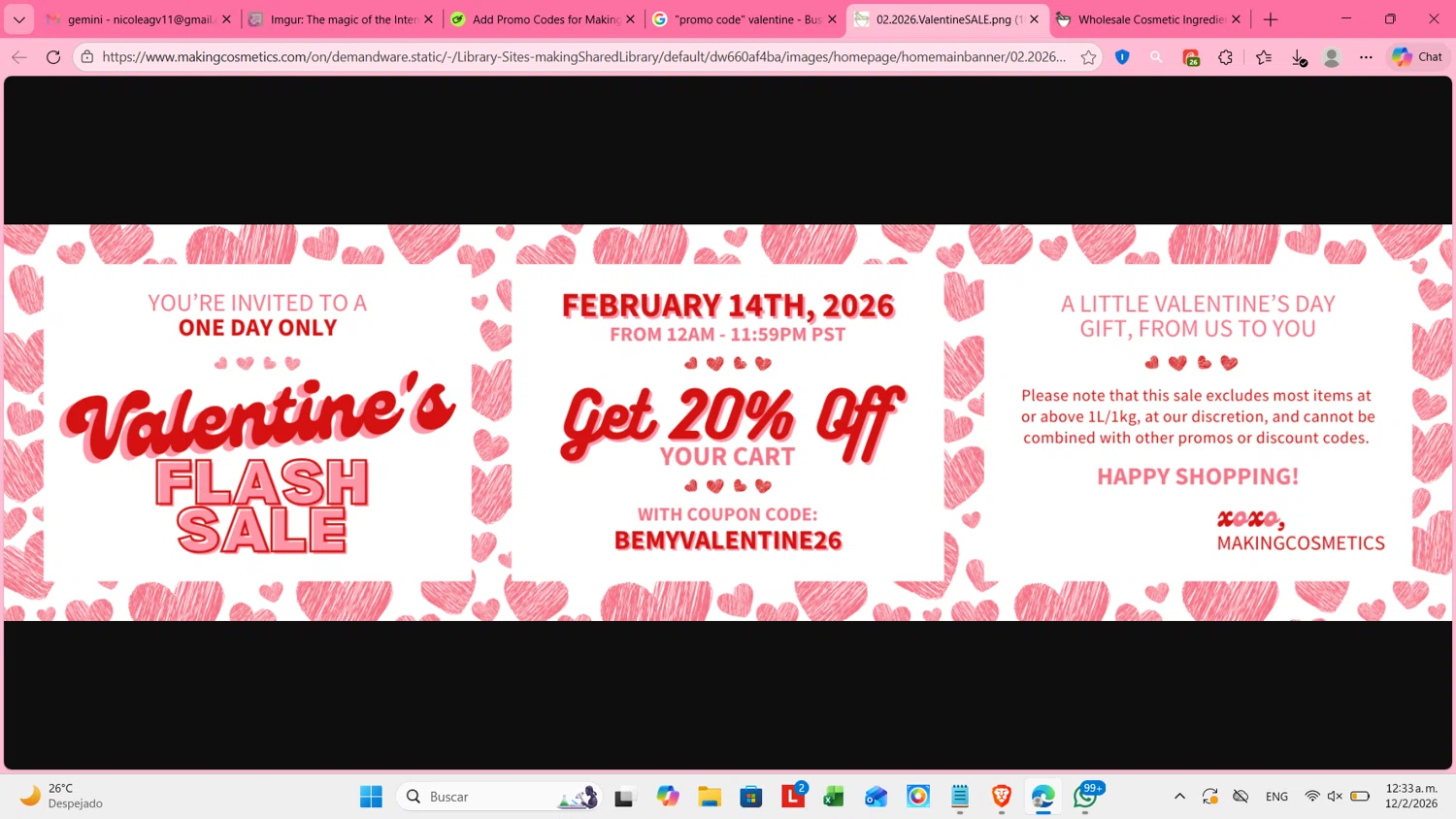 MakingCosmetics promo code screenshot showing code BEMYVALENTINE26 applied at MakingCosmetics checkout page. Uploaded by SimplyCodes community member cosita on Feb 12, 2026