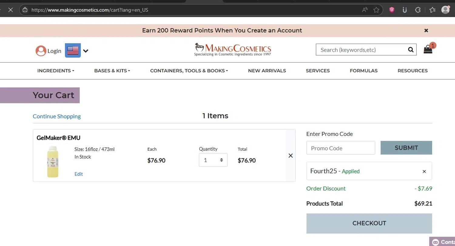 MakingCosmetics promo code screenshot showing code FOURTH25 applied at MakingCosmetics checkout page. Uploaded by SimplyCodes community member HonestVzla on Jul 4, 2025
